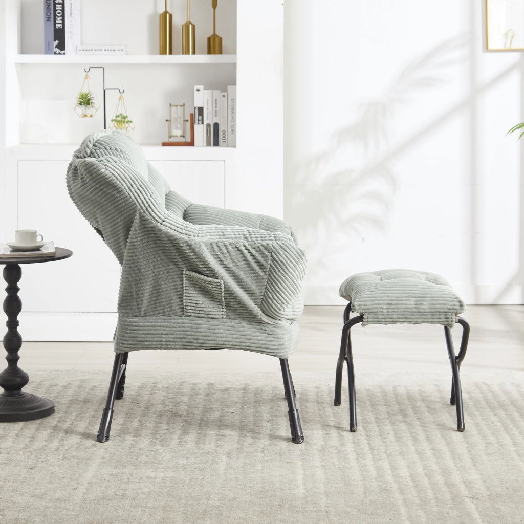 Fauteuil con pouf e tasca laterale in flanella con schienale ergonomico e struttura stabile in acciaio verde chiaro