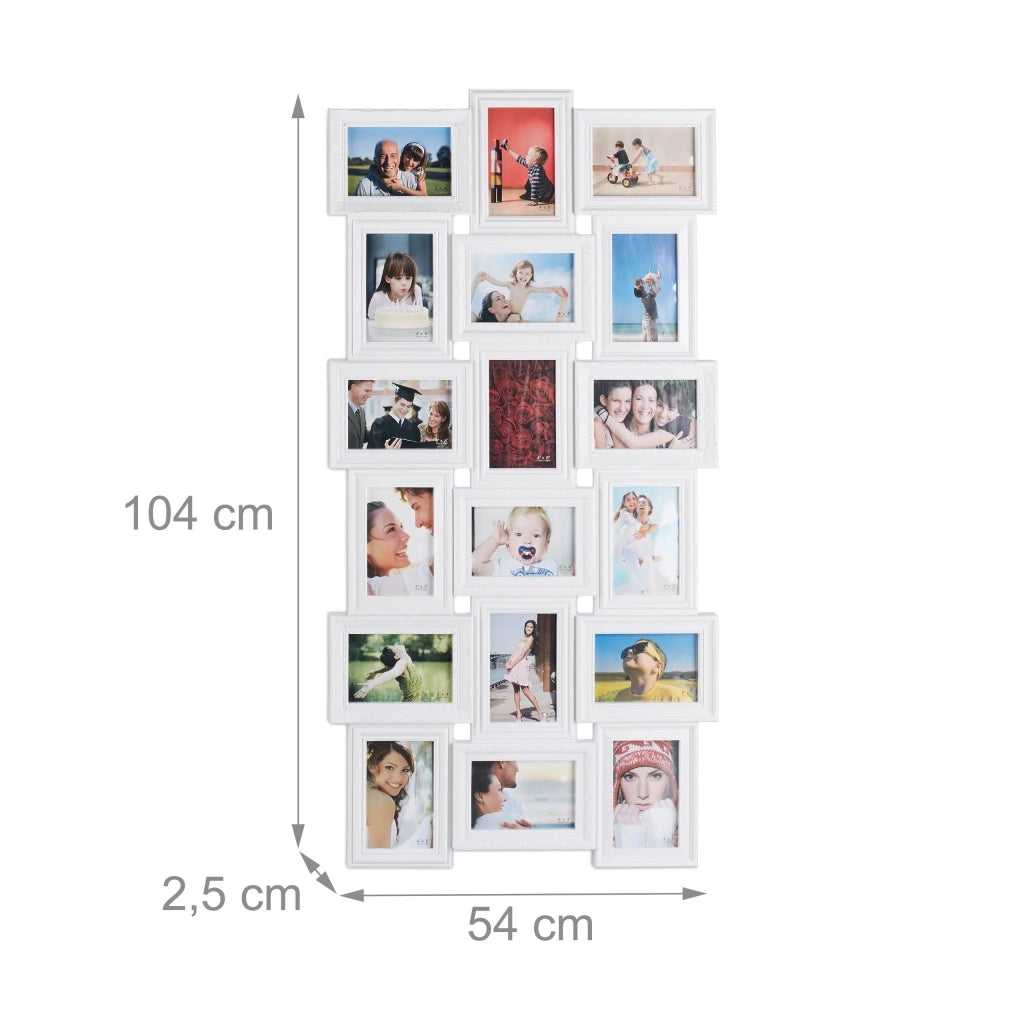 Portafoto multiplo da parete 104 x 54 x 2,5 cm per 18 foto decorativo stile antico in plastica bianca 13_0006880