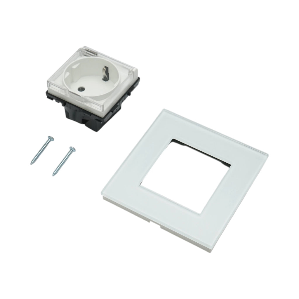 Presa schuko da incasso bianca 220V, 16A, coperchio trasparente, cornice in vetro 86x86x34mm