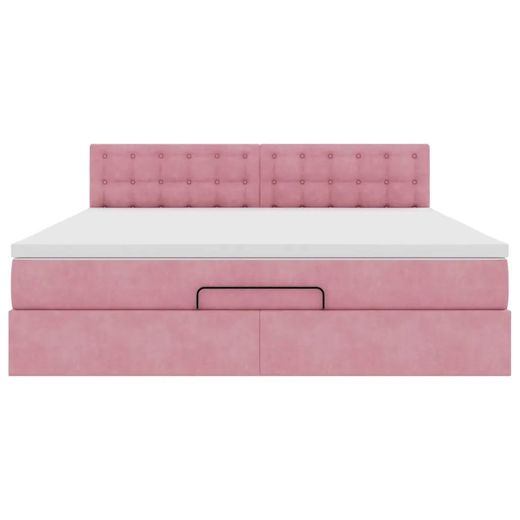 Struttura Letto Pouf con Materasso Rosa 160x200 cm in Velluto