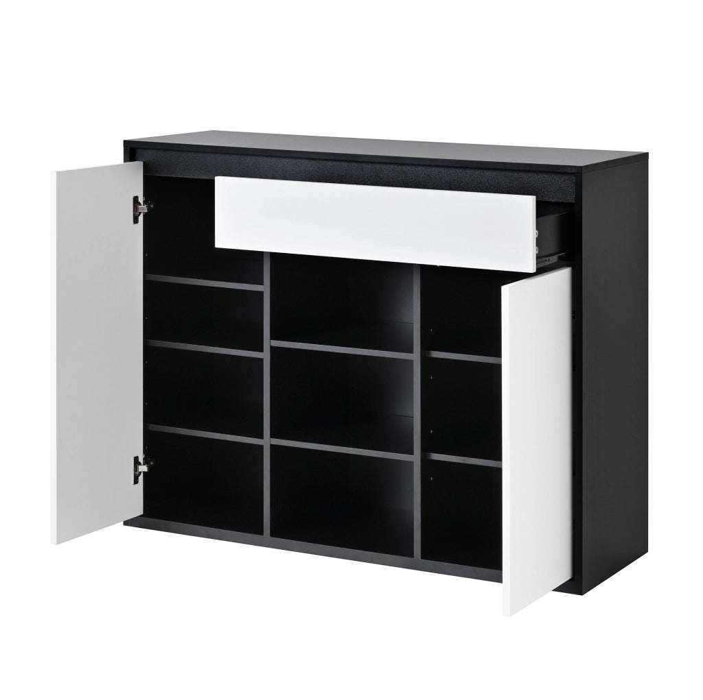 Mobile scarpiera moderno con LED; 2 ante e cassetto 105 x 39;5 x 86 cm; nero e bianco