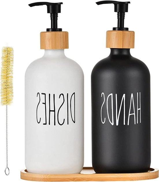 Dispensatore di sapone nero - dispensatore di sapone con piatto di servizio - dispensatore di detersivo per lavastoviglie per cucina e bagno - dispensatore di shampoo, lotion e sapone per mani - (set da 2, 500 ml)