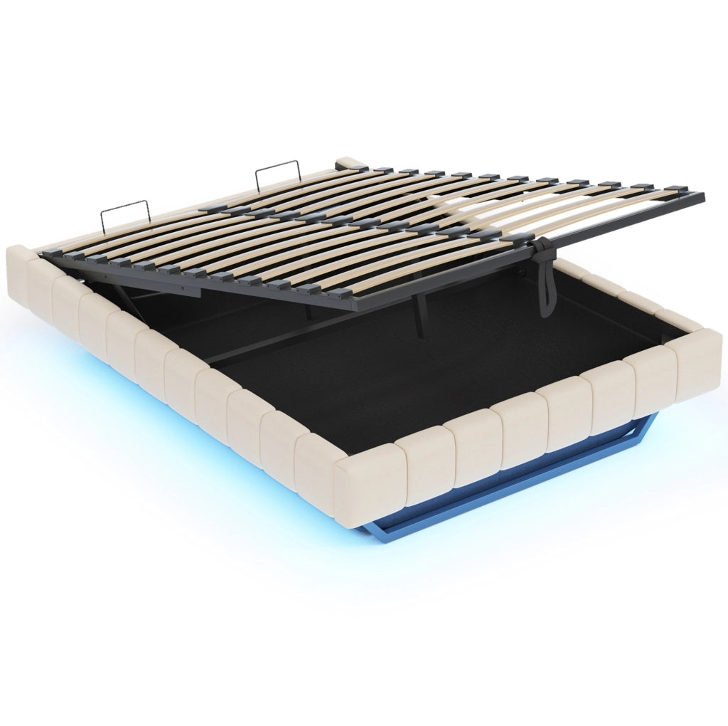 Letto imbottito sospeso 160x200 cm con contenitore e luci LED, beige