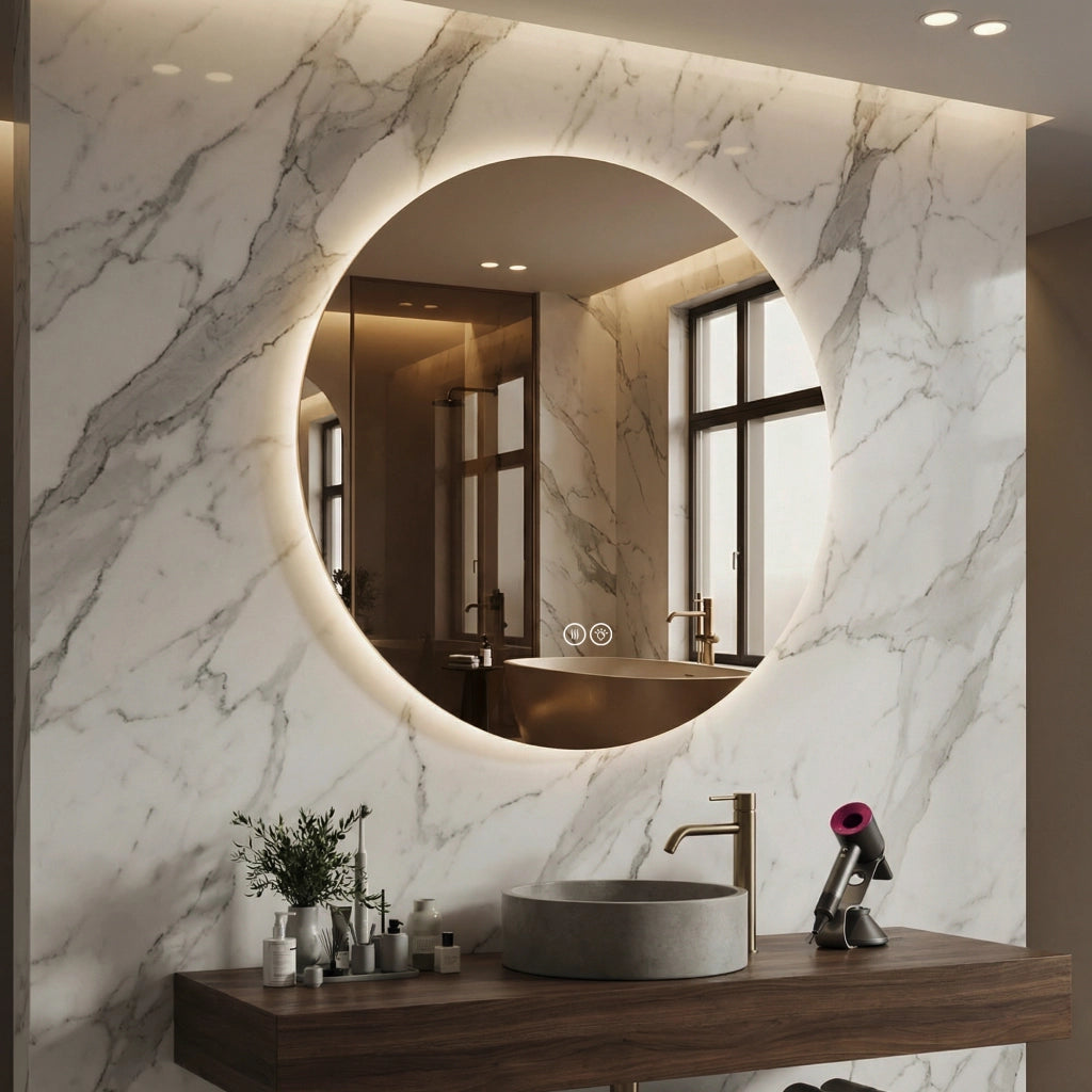 Specchio luminoso da bagno rotondo con luce frontale e posteriore antiappannamento dimmerabile in vetro argento