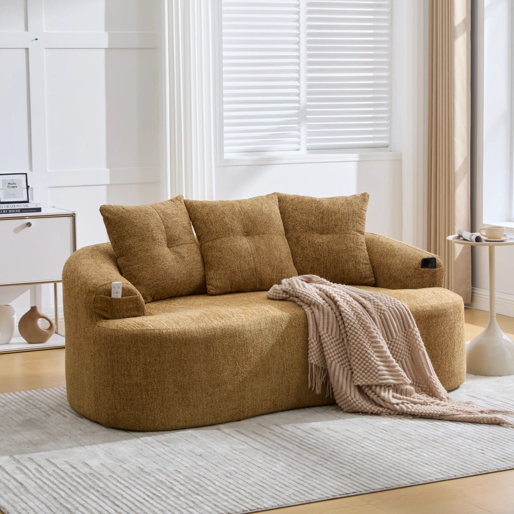 Divano a 2 posti in ciniglia con cuscini extra spessi e seduta profonda, senza montaggio, senape 164 × 92 × 60 cm