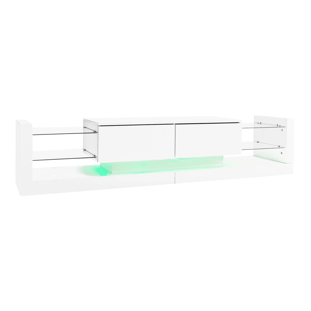 Mobile TV ad alta finitura lucida con illuminazione LED, 181 cm, per TV fino a 80 pollici, frontale in vetro, due cassetti ribaltabili