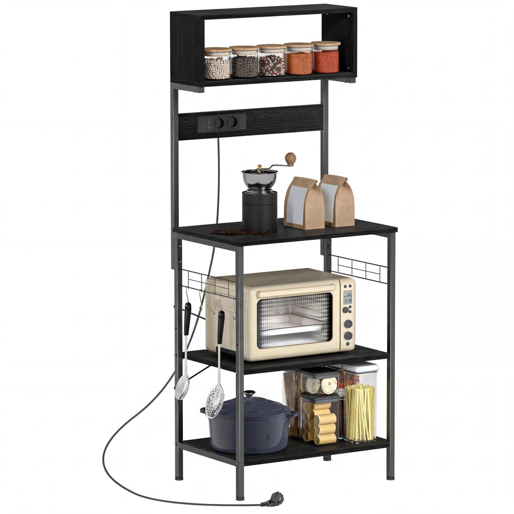 Scaffale da Cucina con Multipresa per Microonde con Ripiani e Ganci Stile Industriale. Legno e Acciaio. Nero