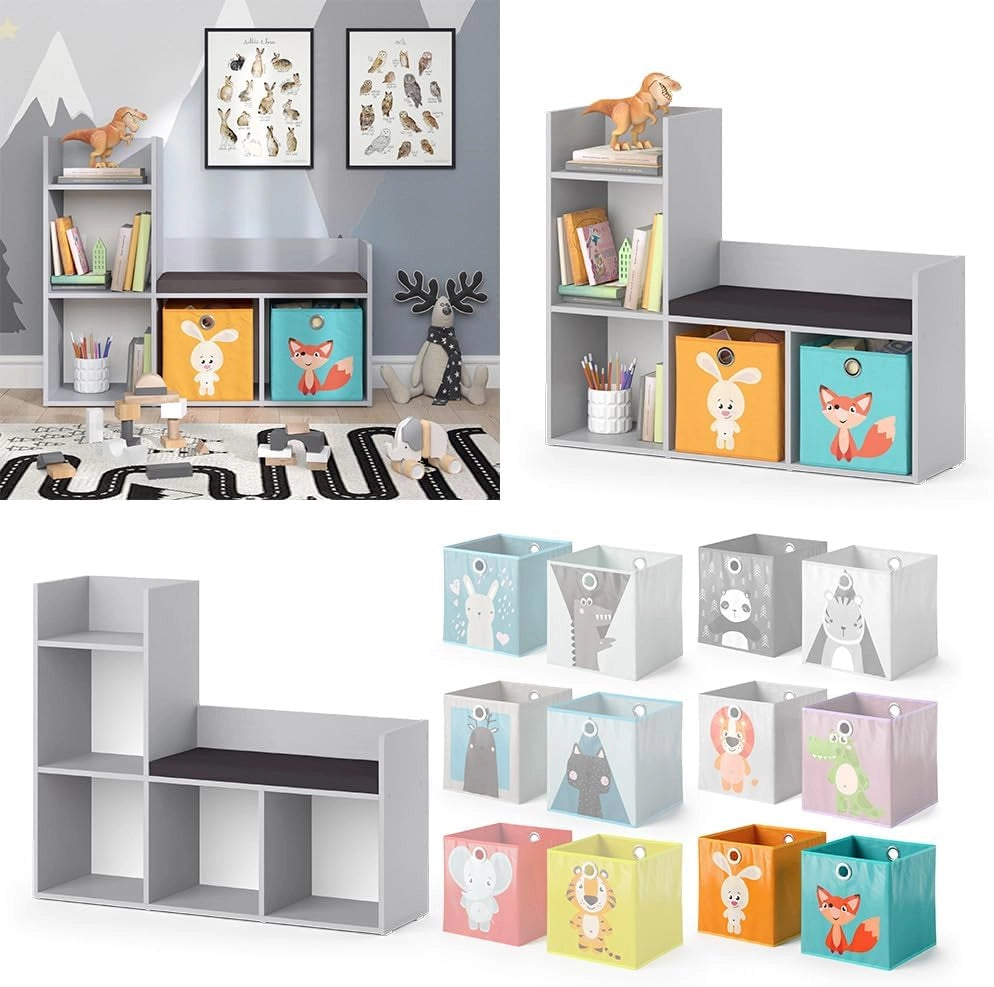 Scaffale per bambini Luigi, Grigio, 107.2 x 88.6 cm con 2 scatole pieghevoli opt.2, con seduta imbottita e quattro ripiani aperti