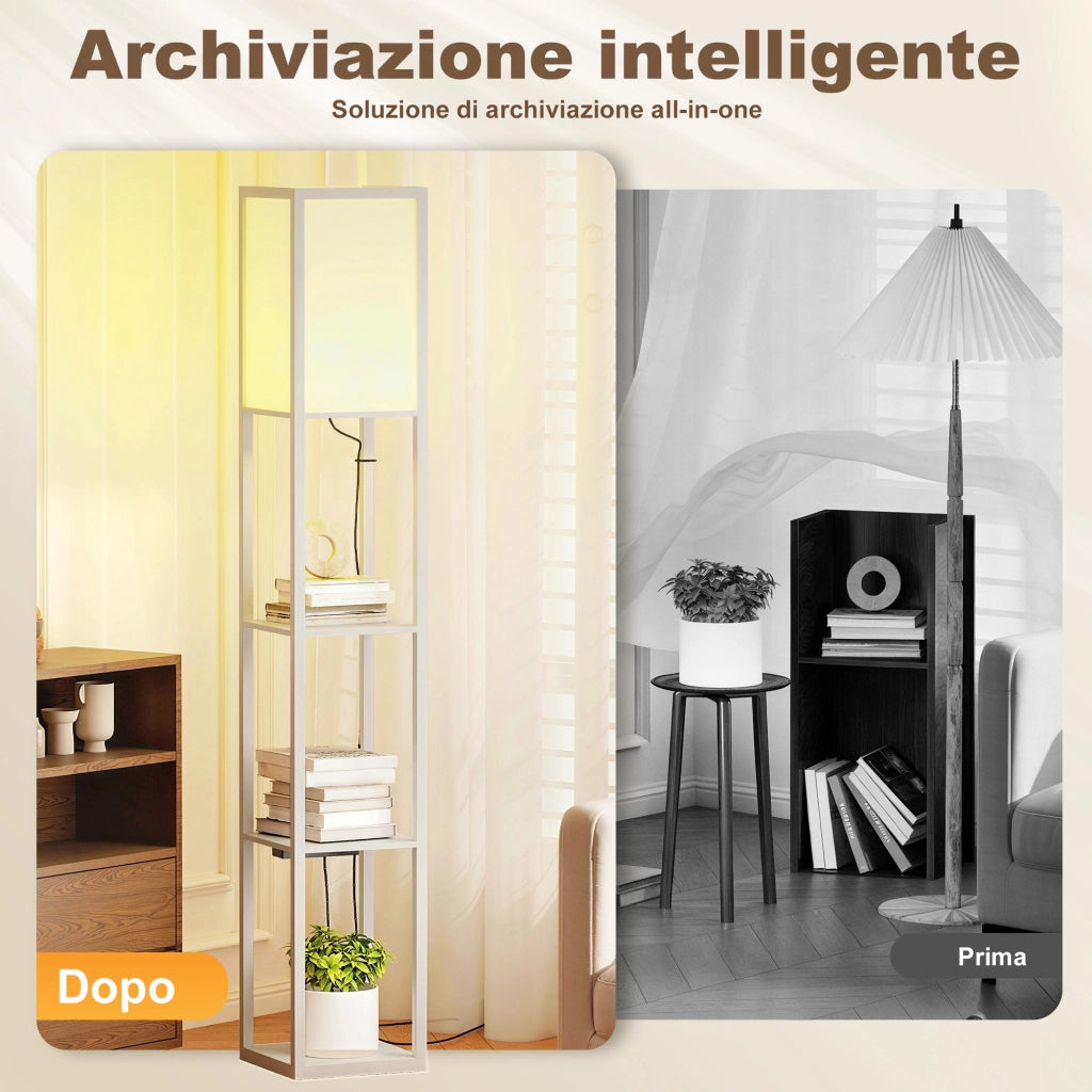 Lampada da Terra con Ripiani ¨C Xylo ¨C Luce Regolabile, USB, Interruttore a Pedale, Bianco
