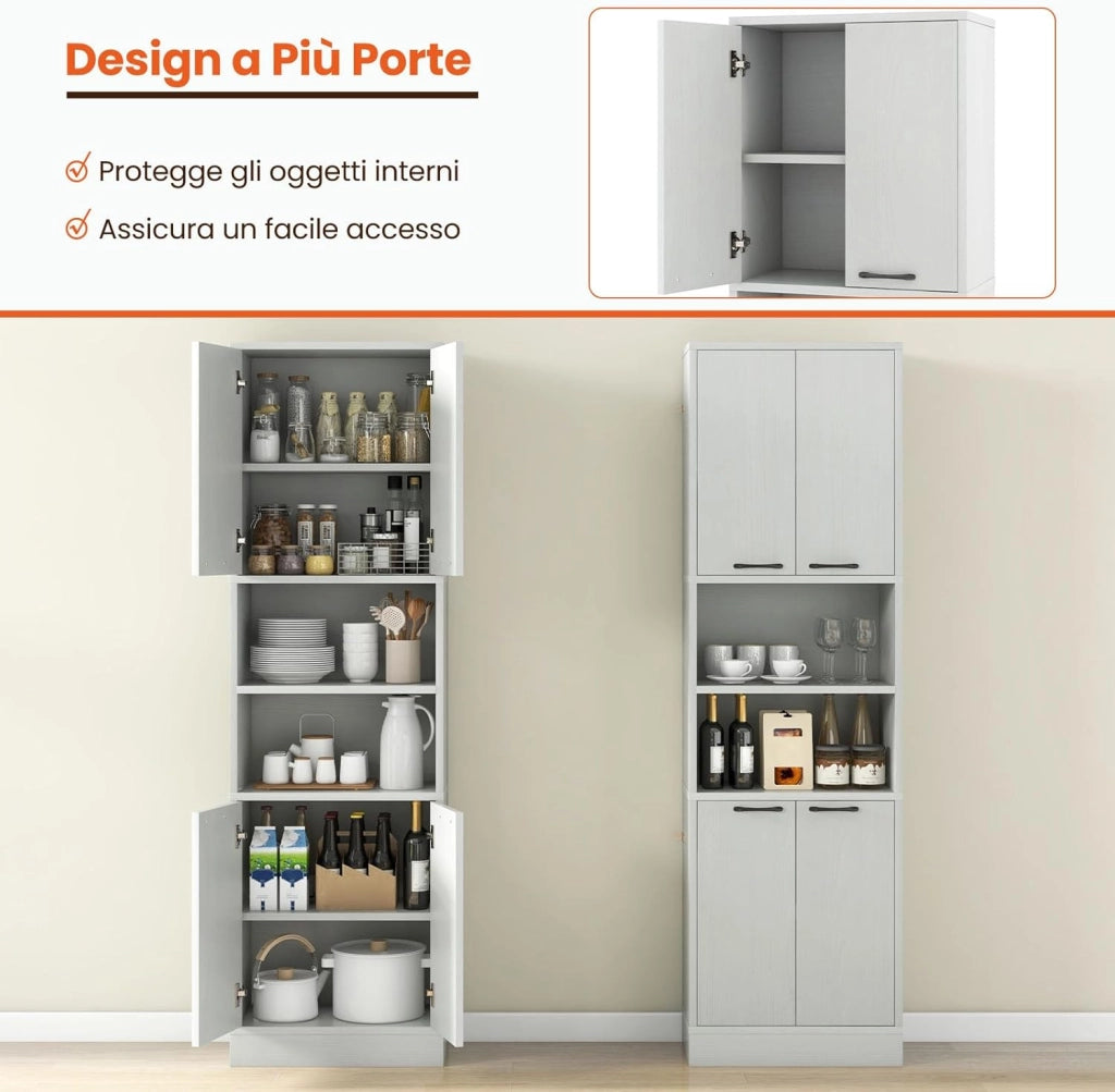Credenza da Cucina, Mobile Buffet Alto con 2 Armadi a Doppia Porta e 2 Mensole Aperte, per Soggiorno, Cucina e Sala da Pranzo, 56 x 30 x 190 cm (Quercia Bianca)