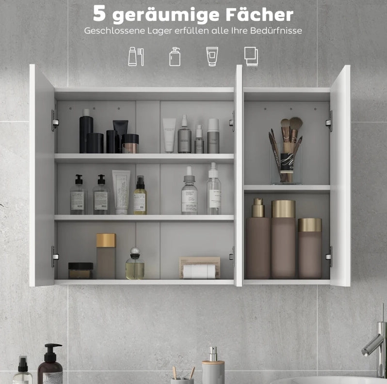 Armadio a specchio da bagno ULEVR 90x15,5x60 cm con 3 ante specchiate e 5 ripiani, bianco