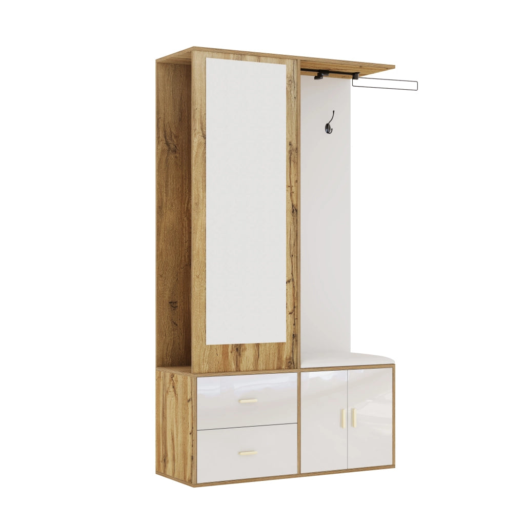 Set Ingresso con Specchio, Scarpiera, Panca con Ganci e Appendiabiti ¨C MINIMAL ¨C Bianco/Legno