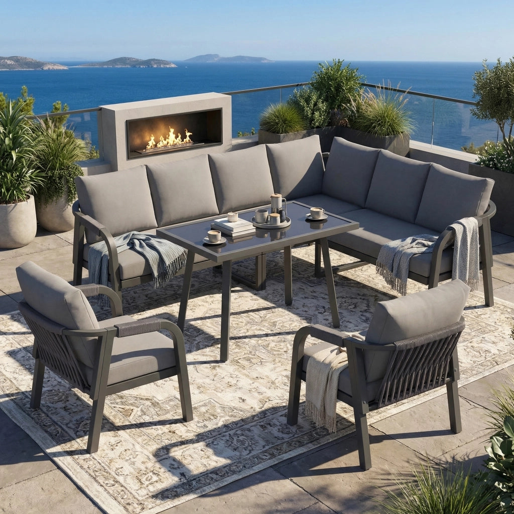 Set Pranzo da Giardino 8 Posti con Divano Angolare, Tavolo e Poltrone ¨C Xylo ¨C Polyrattan Grigio