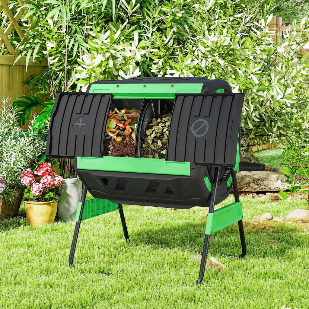 Compostiera Rotante 200L ¨C Xylo ¨C Verde con Ventilazione e Base Metallo