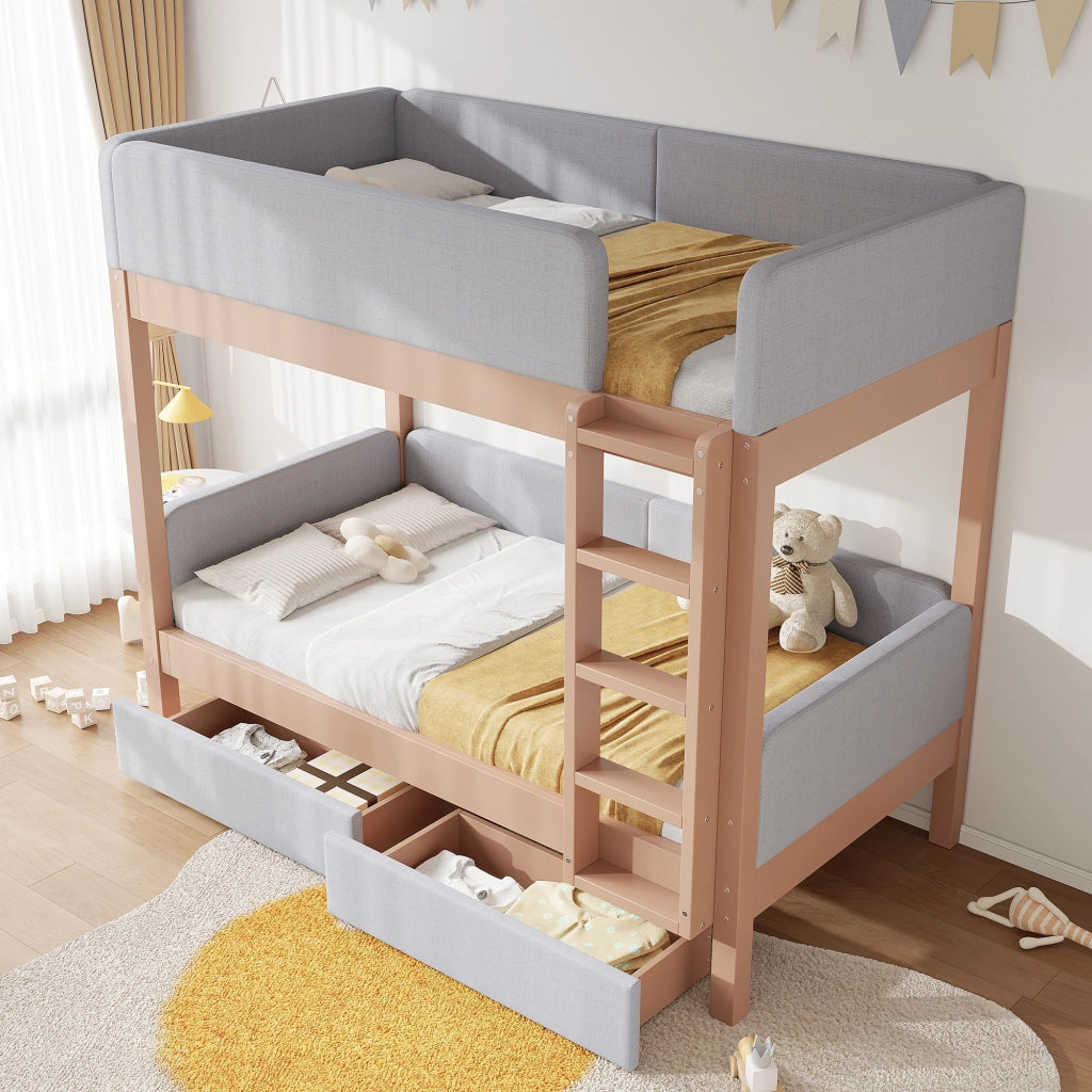 LETTO A CASTELLO 90x200 cm Grigio+Naturale con 2 cassetti e scala