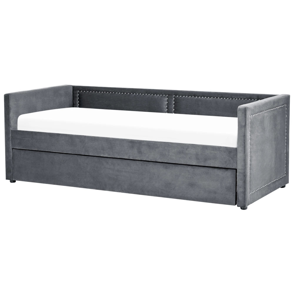 Letto da giorno estraibile velluto a coste grigio scuro 90 x 200 con rete a doghe e testiera con chiodini