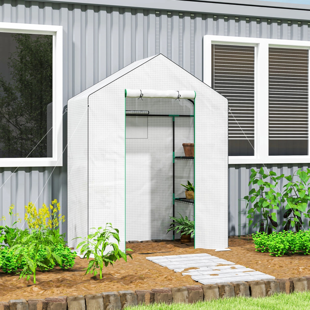 Serra da giardino in plastica con porta arrotolabile, finestre e ripiani laterali 143 x 74 x 190 cm
