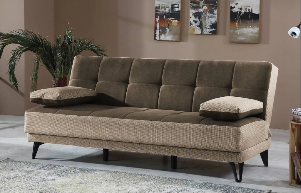 Divano letto Aborigeni, Divano letto a 3 posti con piedini in metallo nero , SofÒ  da soggiorno in tessuto imbottito con apertura click-clack, 190x87h97 cm, Grigio E Marrone
