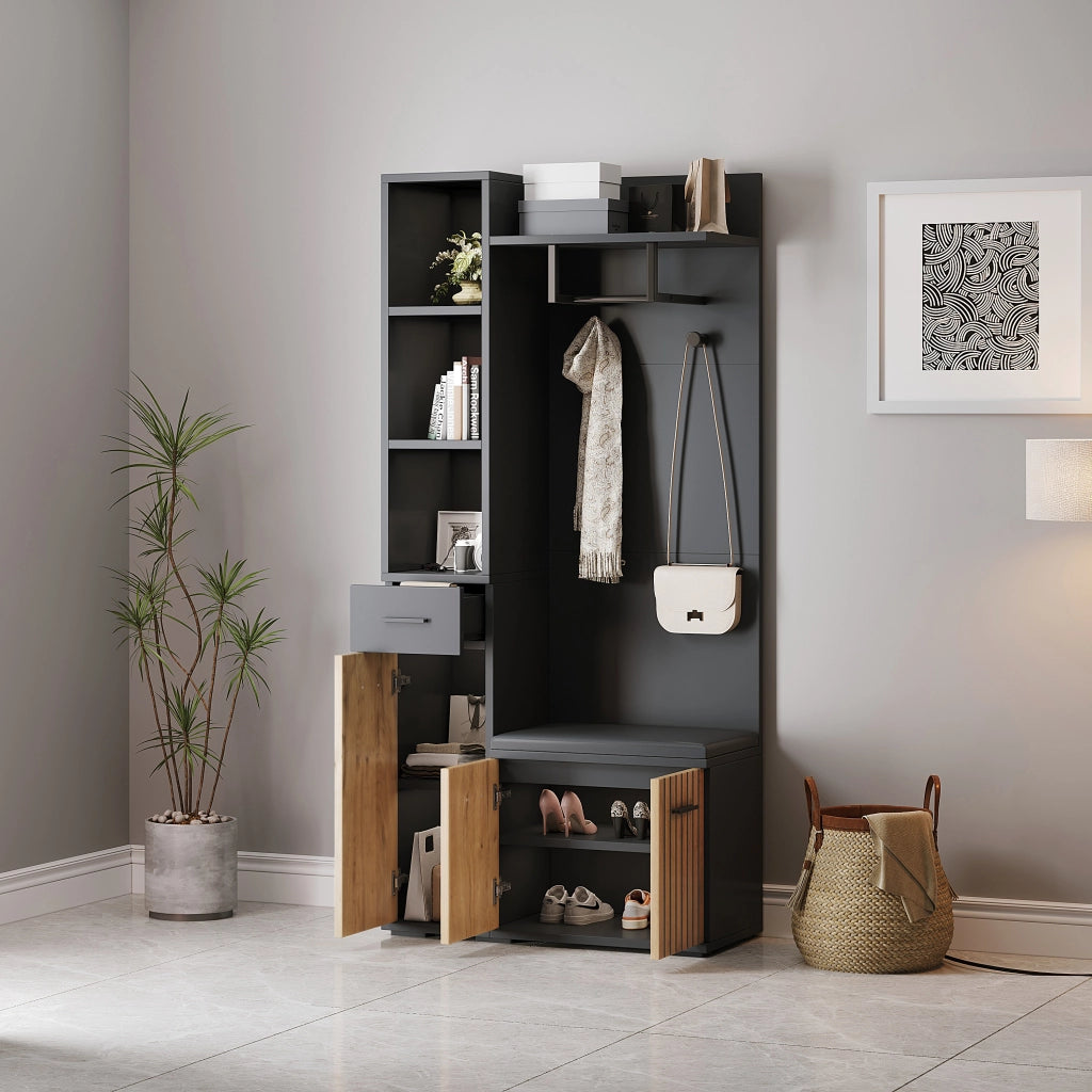 Mobile ingresso con 2 armadi; 1 cassetto; 5 vani; 2 ganci e panca; in pannello truciolare; 80 × 35 × 175 cm