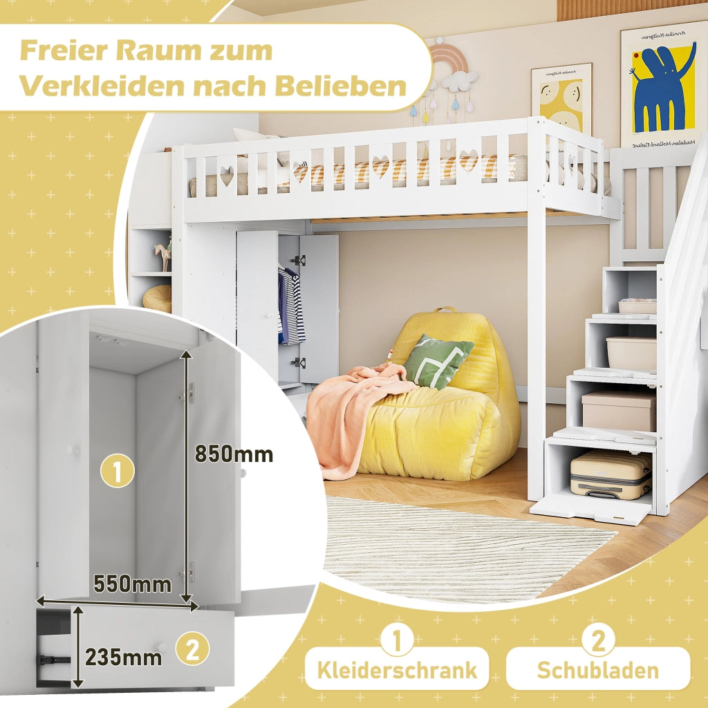 DESMIU Letto a Soppalco Singolo con Scala Contenitore, Scaffali e Armadio Pieghevole 90 × 200 cm, Senza Materasso