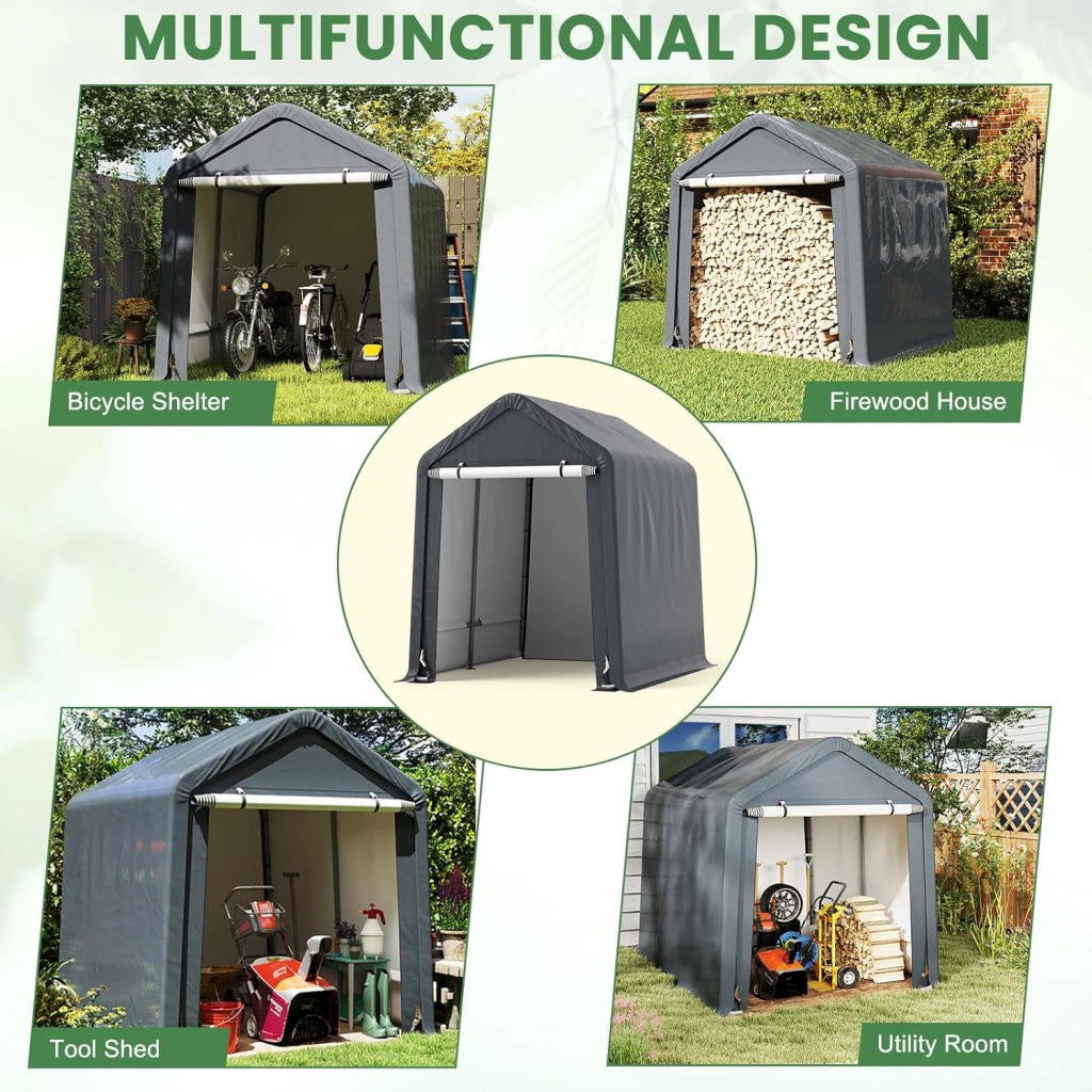 Capanno da Giardino 195 X 240 X 214 CM, Tenda Garage per Bici Moto Attrezzi, con Copertura en PE Impermeabile, Porta con Cerniera, Telaio in Metallo, Picchetti, per Esterno, Grigio