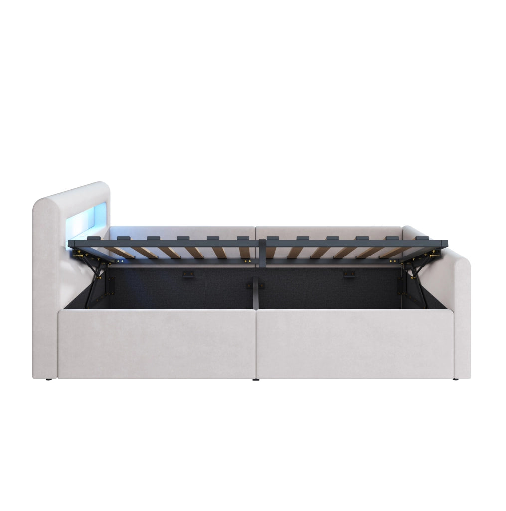 Letto imbottito per bambini 90x200 cm in velluto beige con LED; USB e contenitore idraulico