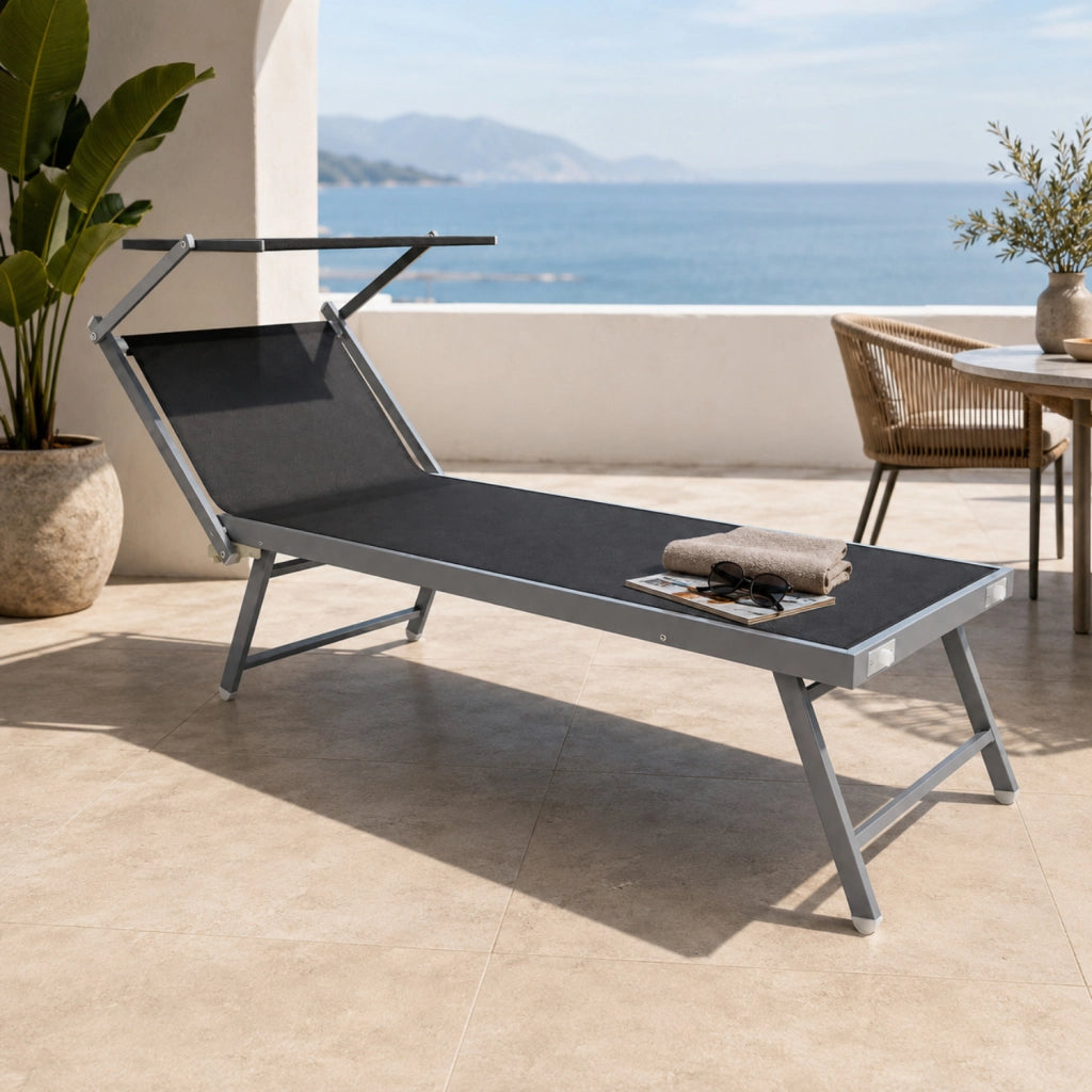 Lettino Sdraio Prendisole Professionale Richiudibile In Alluminio E Textilene con Tettino Parasole Orientabile Lettino Relax Mare Spiaggia Piscina Giardino Solarium 182 x 60 x 38 Cm Nero