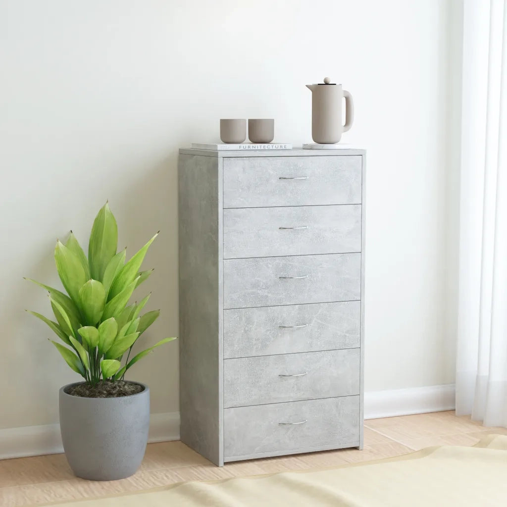 Credenza | Madia | Buffet da pranzo | Armadio da pranzo 6 Cassetti Grigio Cemento 50x34x96cm Legno Multistrato