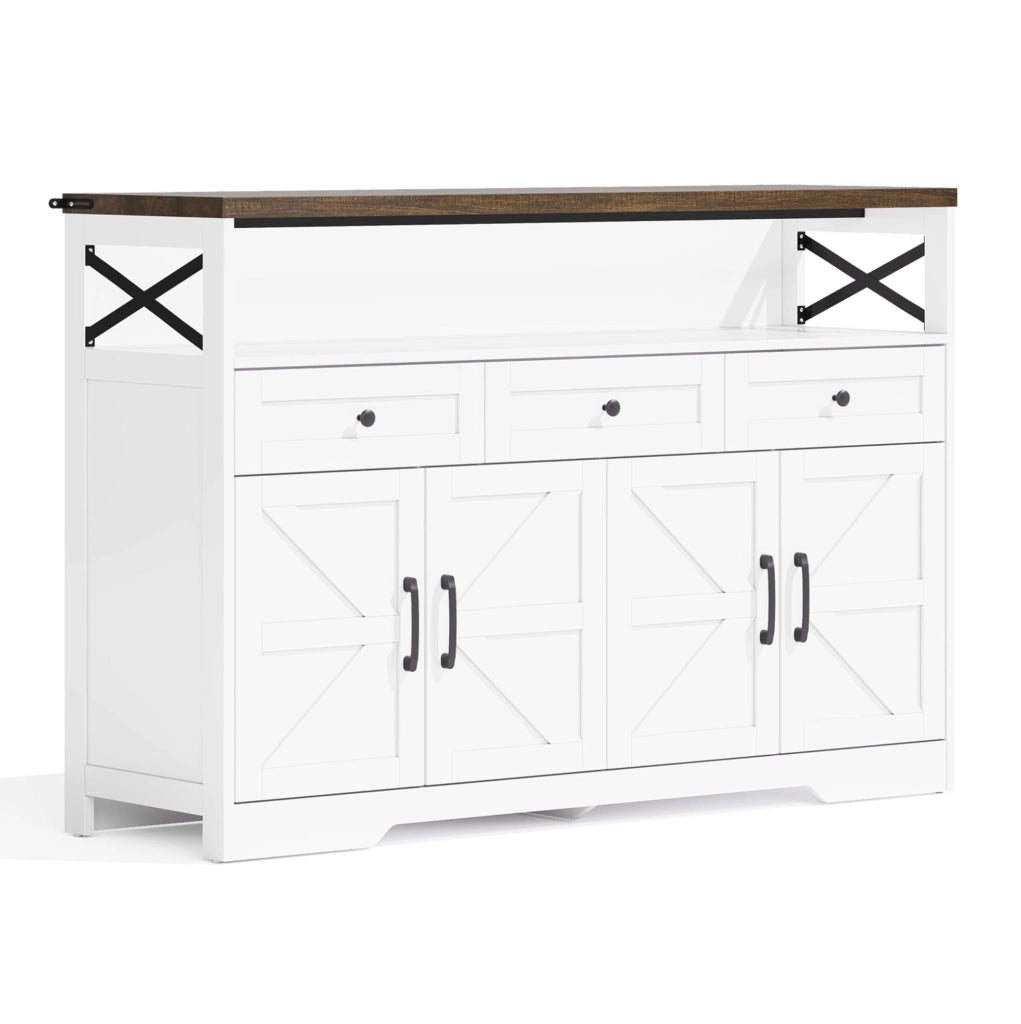 Credenza 140 cm, 3 cassetti in MDF bianco e marrone, stile rustico