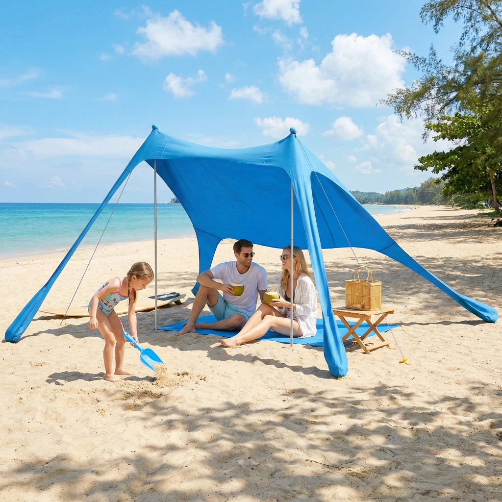 Tenda da Spiaggia UV 50+ per 2-4 Persone con Tappetino e Pala, in Lycra e Alluminio, 200x208x200 cm, Azzurro