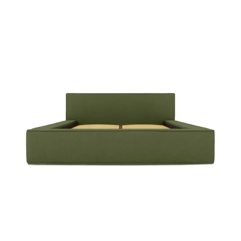Letto contenitore VELORA – Olive bouclé – 180x200 cm – Tessuto velluto morbido – Rete sollevabile – Contenitore integrato