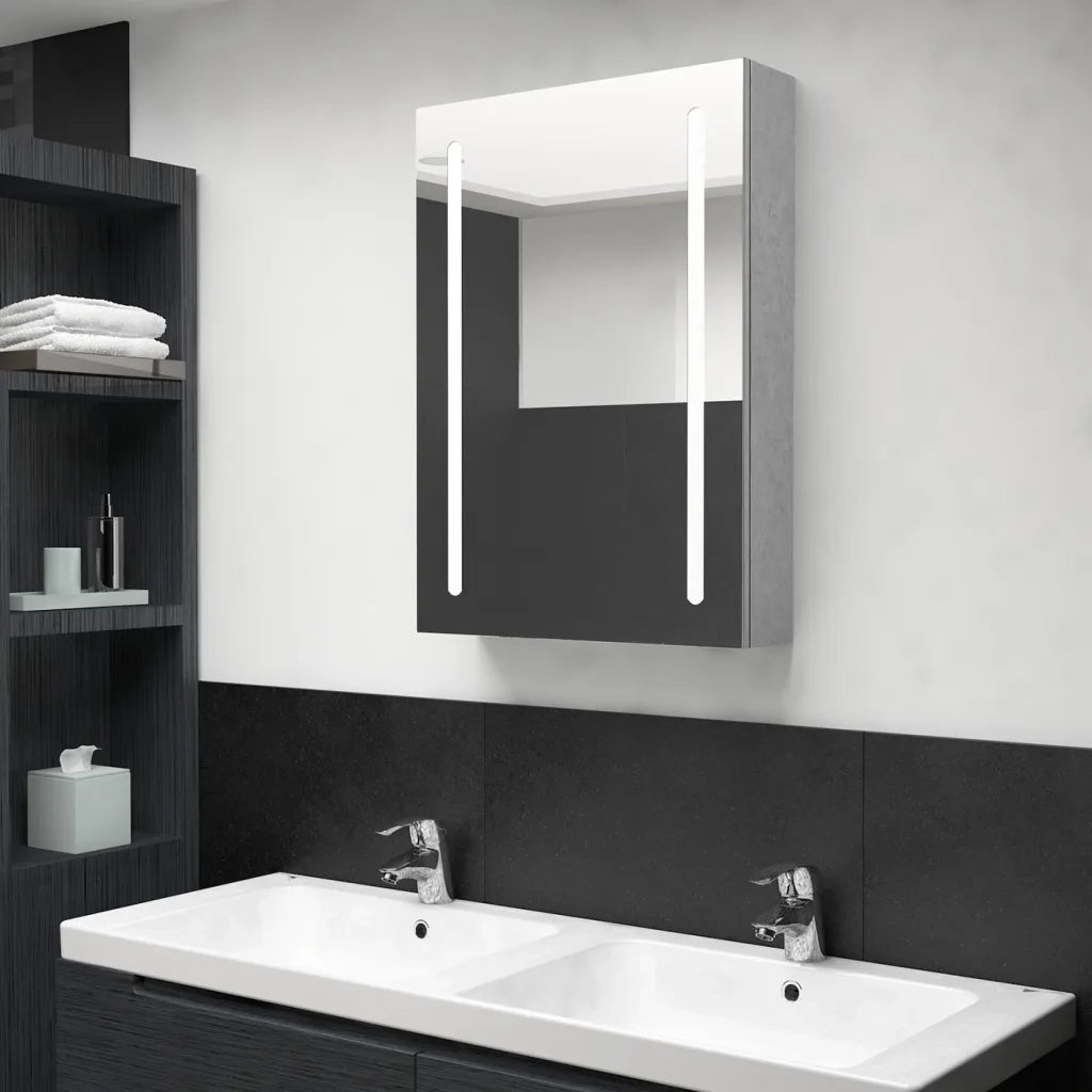 Armadietto Bagno | Armadio da bagno con Specchio e LED Grigio Cemento 50x13x70 cm