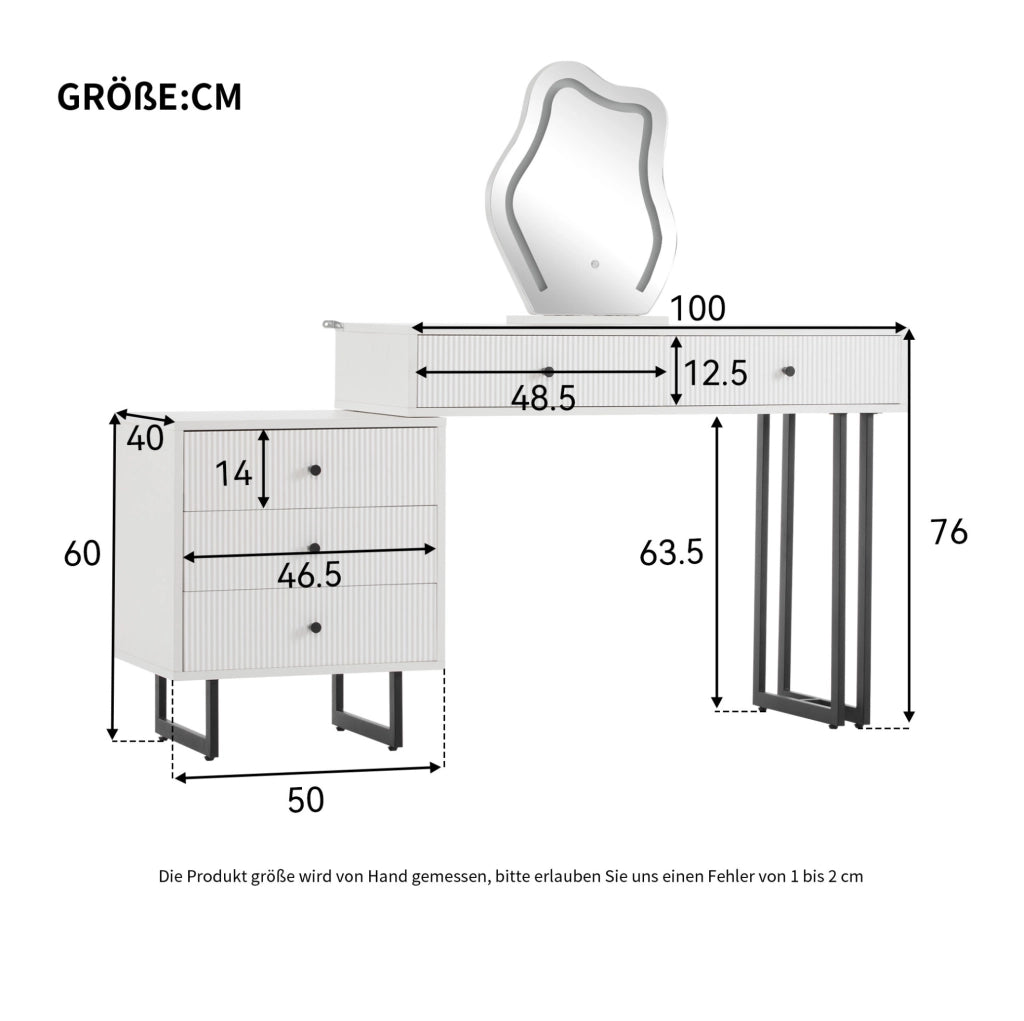 Toeletta con specchio LED dimmerabile, 5 cassetti e piano da 100 x 40 cm