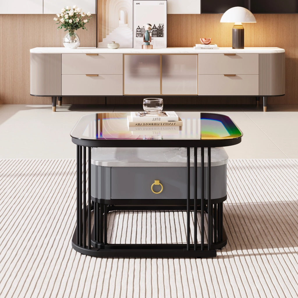 Tavolini da Caffè Impilabili 2 Pezzi con 1 Cassetto; Piano in Vetro e Effetto Marmo; Struttura in Metallo; in MDF; Nero; 60×60×42 cm