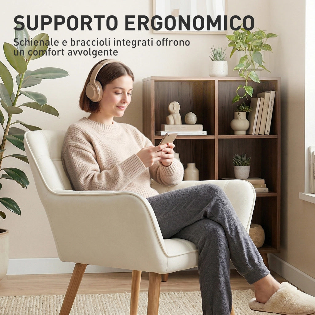 Poltrona Design Scandinava in Legno e Velluto Crema ¨C Zephmum ¨C 67x61.5x71cm