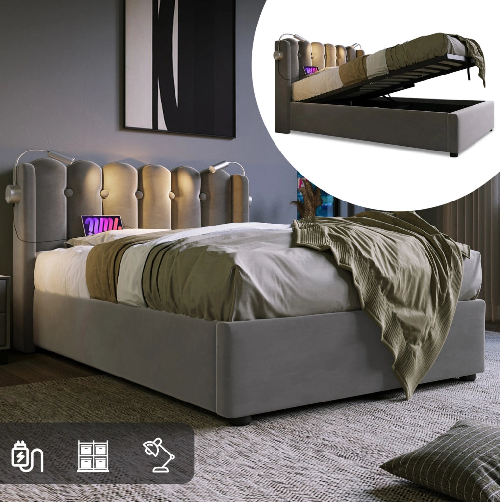 Letto singolo imbottito 90x200 con LED USB e contenitore