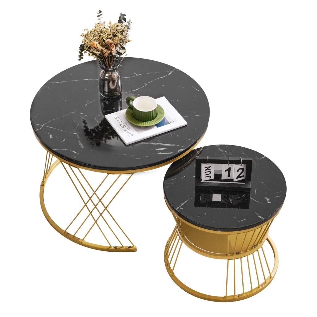 Tavolino da Caff¨¨ Rotondo Set 2 Pezzi ¨C Xylo ¨C Effetto Marmo, Struttura Dorata, Design Moderno