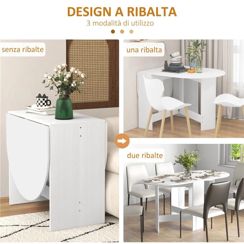 TAVOLO PIEGHEVOLE PER 6 PERSONE CON 2 RIBALTE OVALE IN LEGNO, 163X80X75 CM, BIANCO