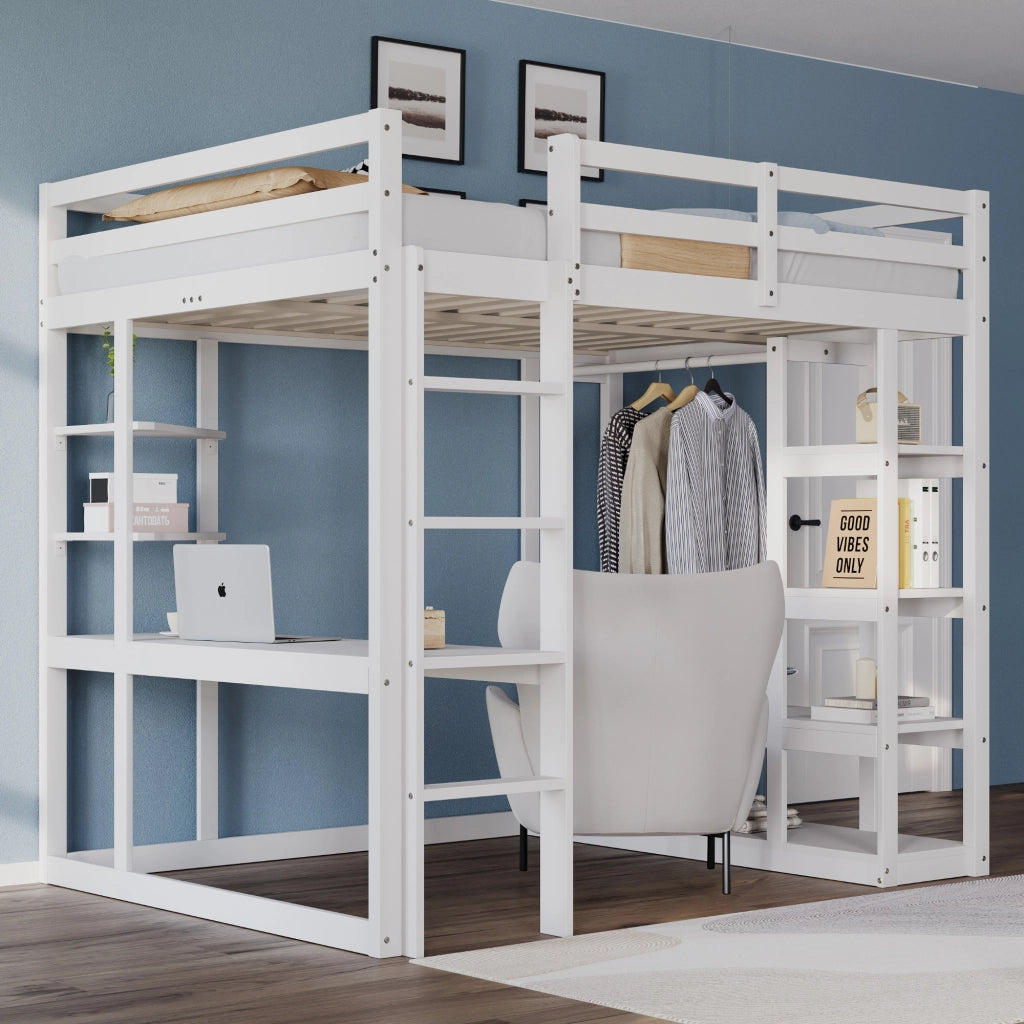OKWISH Letto a soppalco 140×200 cm, Letto Matrimoniale con Scrivania, Mensole e Appendiabiti, senza Materasso, in Legno, Bianco