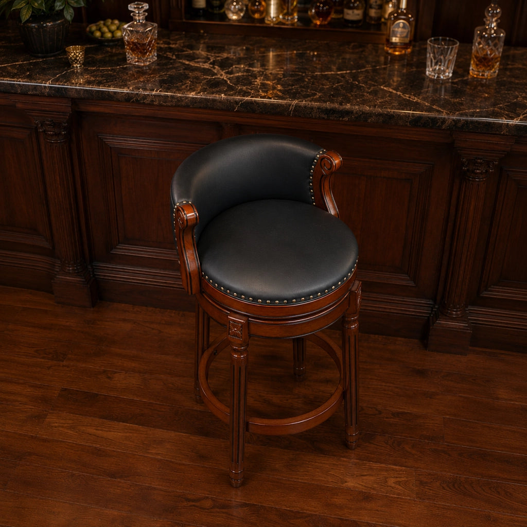 Sgabello da bar girevole 55x55x34 cm con schienale curvo in pelle e legno blu