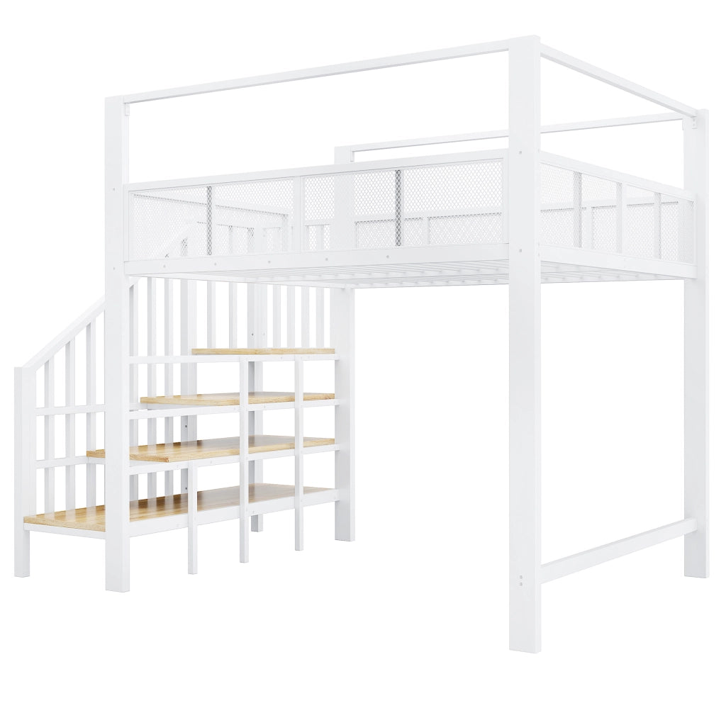 Letto a soppalco 140x200 cm con baldacchino; scala portaoggetti in metallo bianco