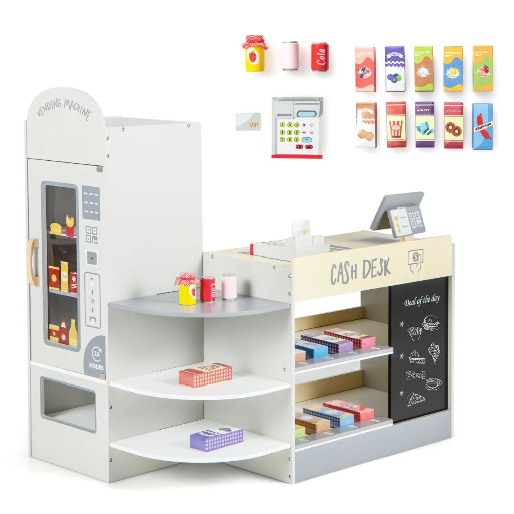 Set da gioco per bambini supermercato 89 x 57 x 88 cm con registratore di cassa interattivo e 13 prodotti alimentari in MDF grigio 20_0012237