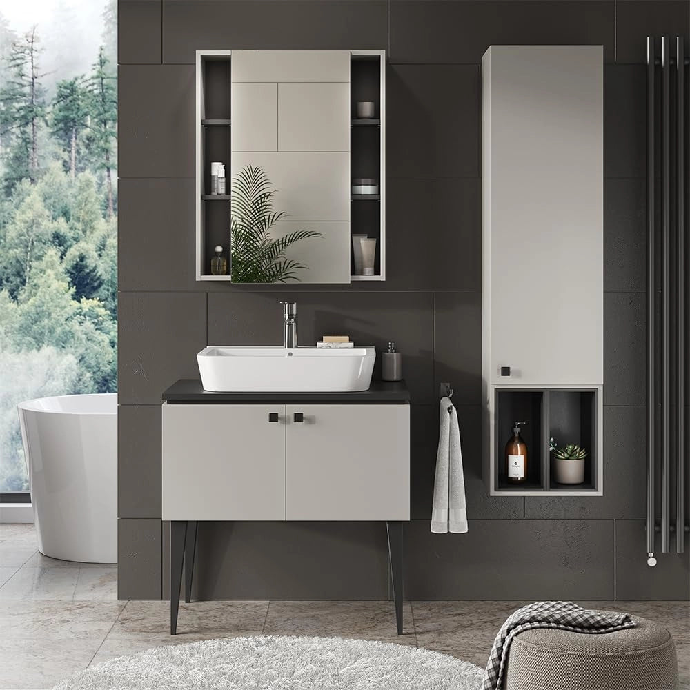 Armadio per il bagno Gerta, Grigio, 37.5 x 150 cm con anta e vani a giorno, da montare sotto il lavandino per spazio aggiuntivo di archiviazione