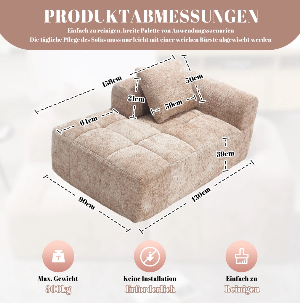 Divano Chaise Longue Khaki con Tascabili Laterali e Cuscino Incluso, 158x90x60 cm