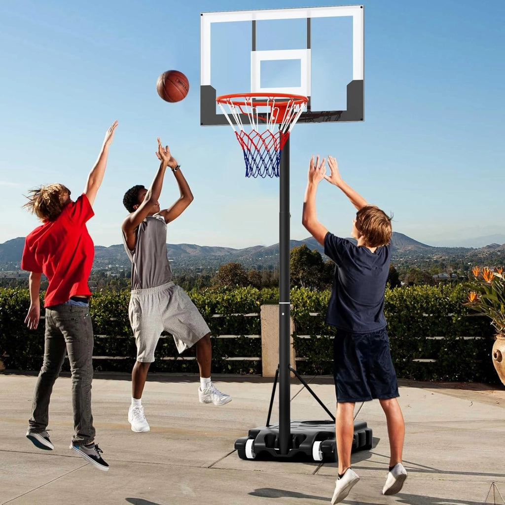 Canestro da Basket Esterno ed Interno Regolabile 100 cm-212 cm, Canestro da Basket per Bambini/Adolescenti Portatile con Tabellone in PC, Base Riempibile e Ruote