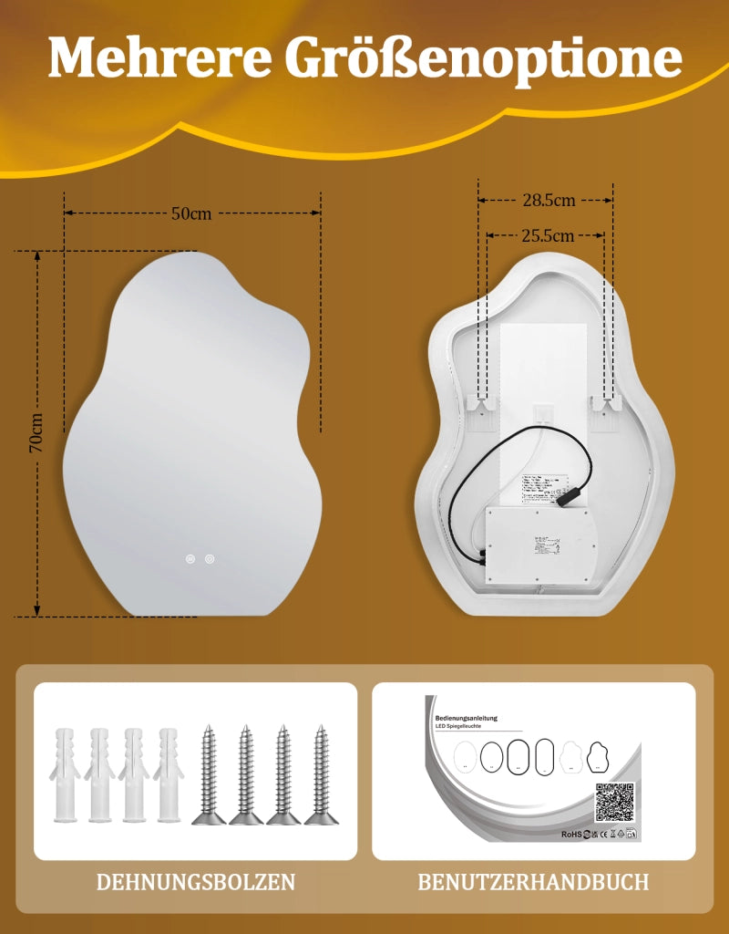 ZMH Specchio da bagno LED asimmetrico 50x70 cm IP44 interruttore touch funzione antiappannante dimmerabile 3000K-6500K