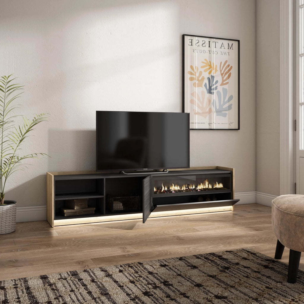 Mobile TV Soggiorno, 207x50x37 cm, Per TV fino a 80", Camino elettrico, LED, Nero e rovere