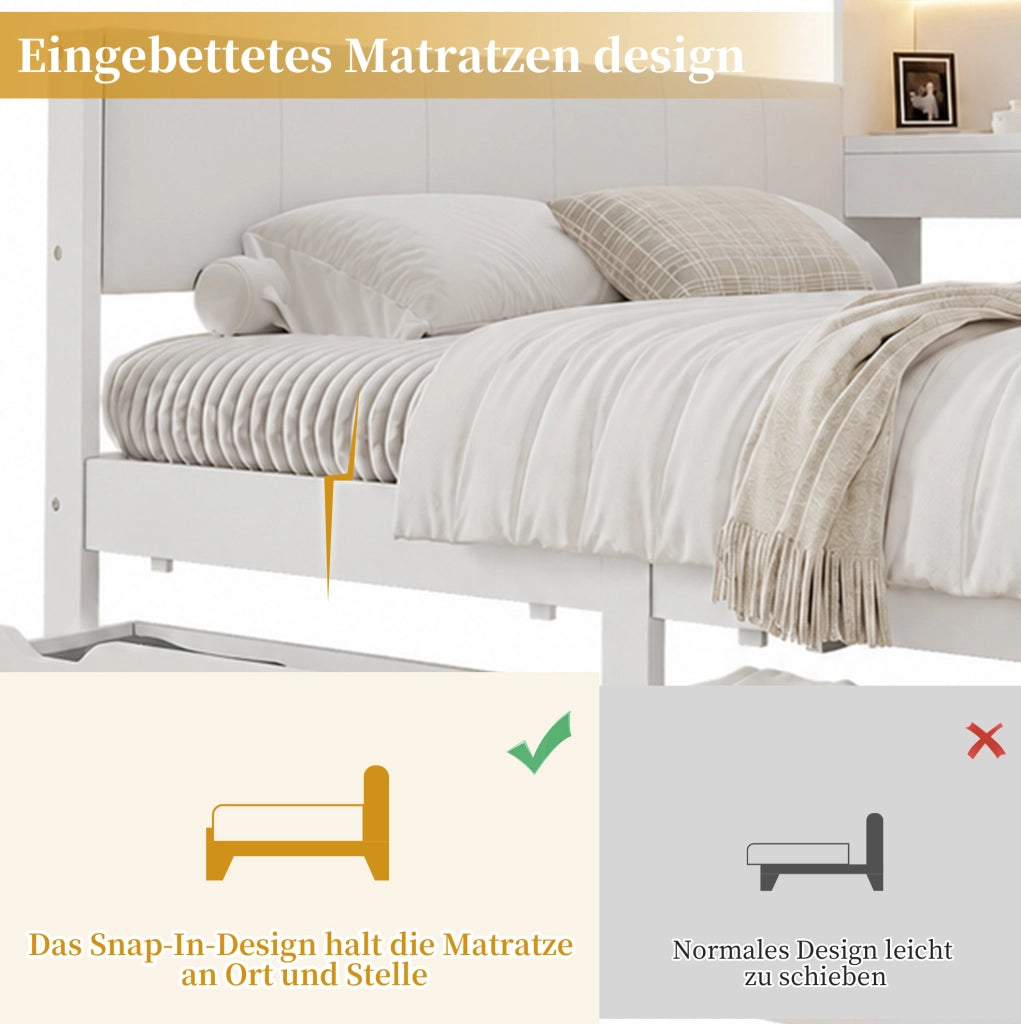 Letto contenitore 140x200 cm con LED; USB e USB-C; cassetti; ripiani e armadietti; bianco