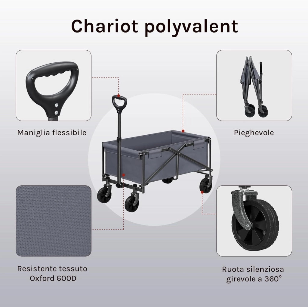 Carrello con Ruote, Carrello da Giardino Pieghevole, Manico Regolabile, 78x43x90cm, Capacità di carico: 80 kg, Ruote per Tutti i Terreni, per Esterni, Giardinaggio, Campeggio, Shopping, Grigio