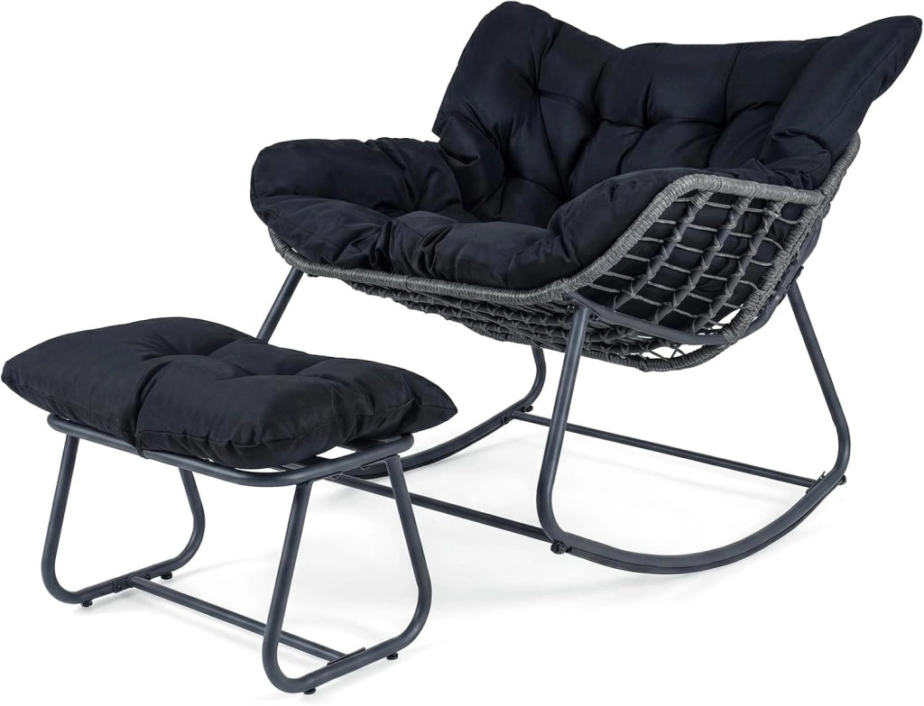 Poltrona a Dondolo con Poggiapiedi, Sedia a Dondolo da Interno ed Esterno, Poltrona Relax in Rattan con Cuscini Rimovibili per Soggiorno, Balcone e Giardino, Portata 150 kg (Grigio)